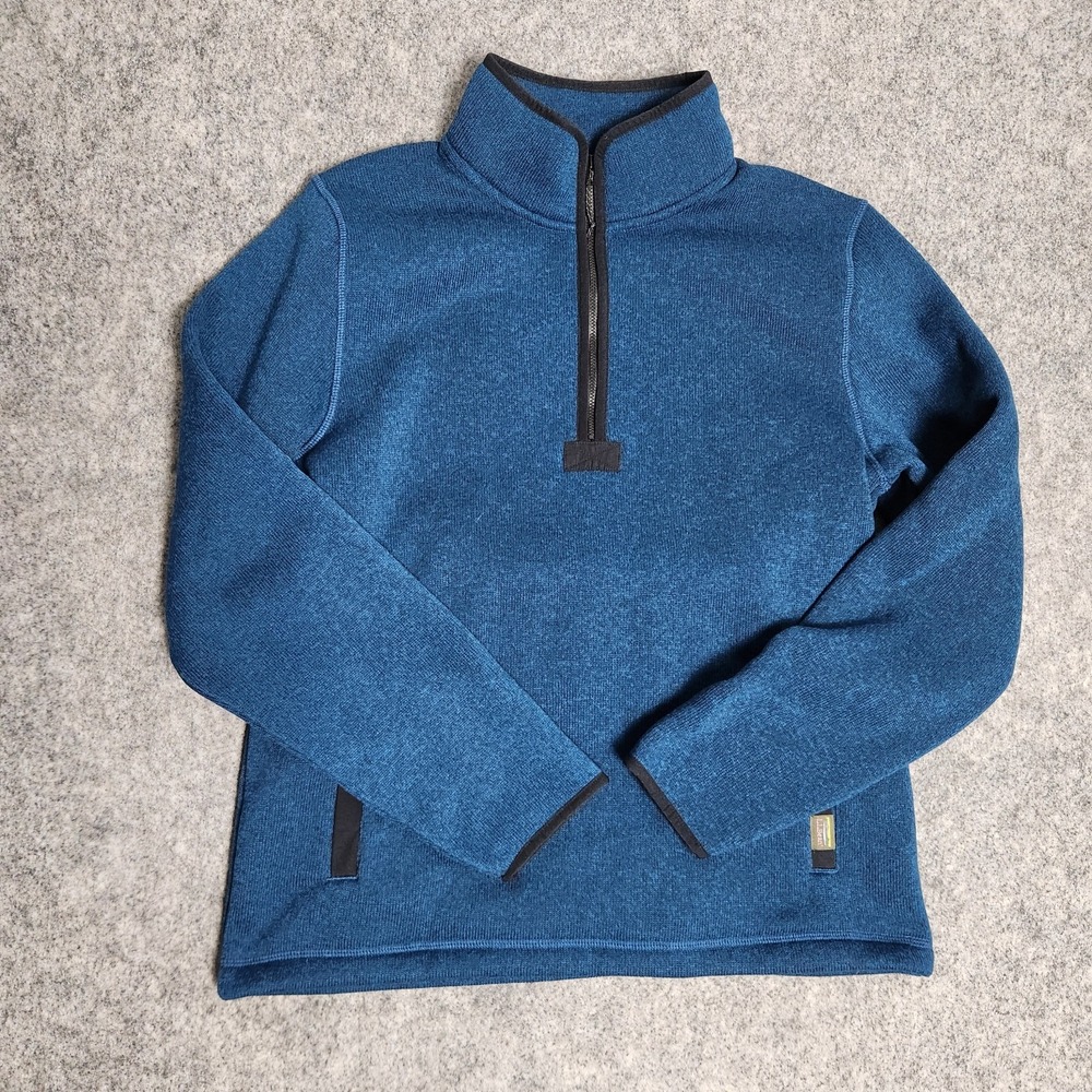 LL Bean Mens Pullover Sweater Fleece Lined Quarter Button Up Pocket Blue Med Reg